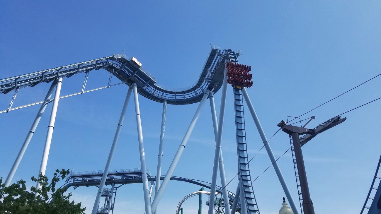 The Griffin at Busch Gardens Williamsburg blue roller coaster against a blue sky