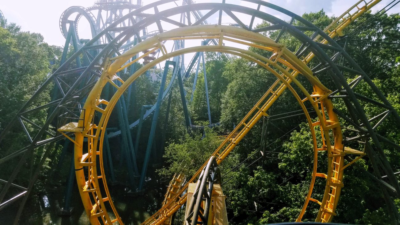 Up close view of a roller coaster spiral