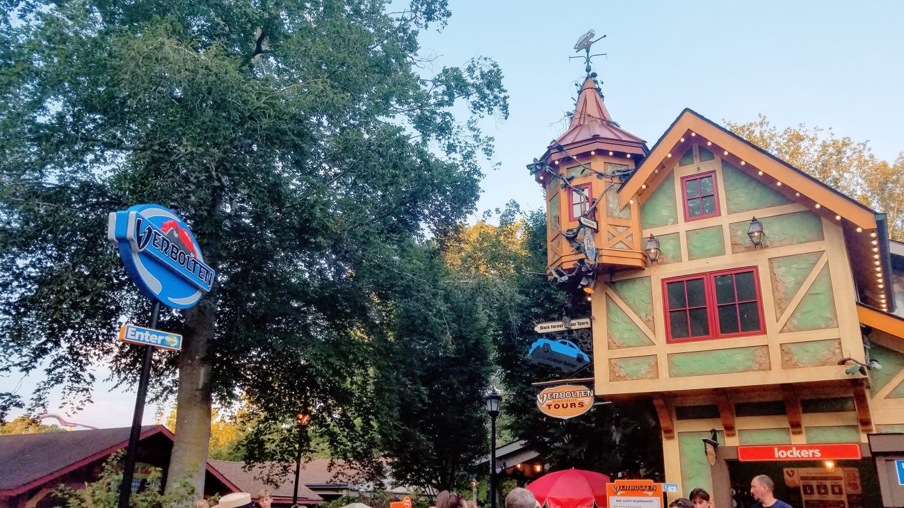 Entrance to Verbolten roller coaster with German-village themed building
